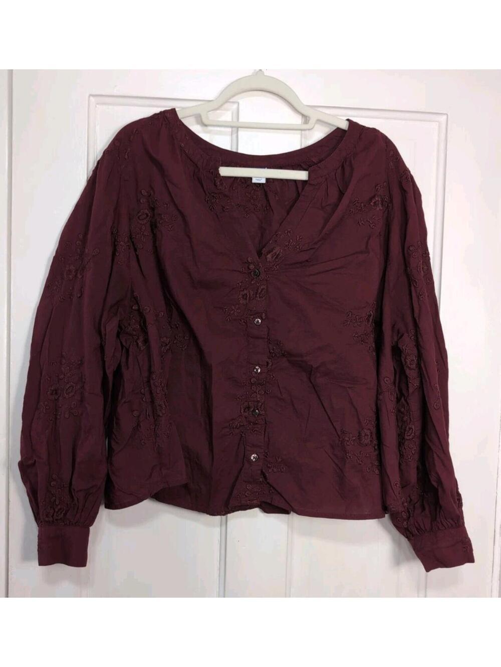 Old‎ Navy Burgundy Embroidered Blouse Boho Balloon Sleeve Women's 3X(1335)